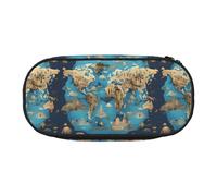 jingong World Geography Map Print Oxford Cloth Pencil Case Pouch, Sturdy, Double Zipper, Cosmetic Pencil Storage
