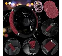 JINGSEN 11 PCS Bling Rhinestones Leather Car Accessories Set,Bling Steering Wheel Cover for Women,Center Console Armrest Pad Belt Cover Handbrake Gear Cover Coasters Full Set for Car SUV (Wine red)