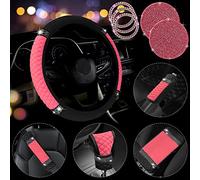 JINGSEN 11 PCS Bling Rhinestones Leather Car Accessories, Steering Wheel Cover for Women,Center Console Armrest Pad Belt Cover Handbrake Gear Cover Coasters Full Set for SUV