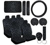 JINGSEN 15 Pieces Leopard Print Printing Car Steering Wheel Cover Center Console Armrest Pad Headrest Seat Belt Cover Handbrake Cover Keychain Coaster Full Set Car SUV （Black Leopard Print）
