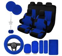 JINGSEN 17 Car Seat Cover Full Set for Women, Universal Car Seat Cover, Plush Steering Wheel Cover, Fluffy Soft Wool Handbrake Gear, Suspension Accessories Full SUV(Patterned Blue)