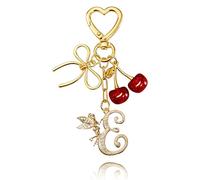 JINGSEN Initial Keychain with Bow and Cherry,Gold Letter Bag Charms for Women,Cute Purse Handbag Accessories