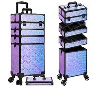 JINGUAN Profesional Rolling Makeup Train Case with Lid, 5 in 1 Cosmetology Case on Wheels, Large Cosmetic Trolley Organizer Travel for Hairstylist Artist Nail Beauty Salon Barber, Gravel Purple, 5 in