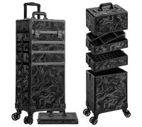JINGUAN Profesional Rolling Makeup Train Case with Lid, 5 in 1 Cosmetology Case on Wheels, Large Cosmetic Trolley Organizer Travel for Hairstylist Artist Nail Beauty Salon Barber, Black Ink, 5 in 1