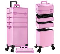 JINGUAN Profesional Rolling Makeup Train Case with Lid, 5 in 1 Cosmetology Case on Wheels, Large Cosmetic Trolley Organizer Travel for Hairstylist Artist Nail Beauty Salon Barber, Pink, 5 in 1