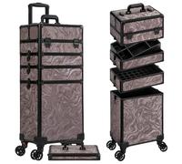 JINGUAN Professional Makeup Train Case Aluminum Cosmetic Case Rolling Makeup Case Extra Large Trolley Makeup Travel Organizer, with 360° Swivel Wheels for Make Up Hairstylists Nail Tech, Brown Ink, 5