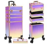 JINGUAN Professional Makeup Train Case Aluminum Cosmetic Case Rolling Makeup Case Extra Large Trolley Makeup Travel Organizer, with 360° Swivel Wheels for Make Up Hairstylists Nail Tech, COLORFUL, 5
