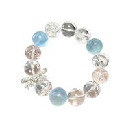 JINGYAN Aquamarine Clear Quartz Beaded Bracelet with Crystal Bow Charm, Natural Healing Gemstone Stretch Bracelet, Jewellery Gift for Women