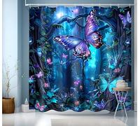 JINGYOU Blue Shower Curtain,Bathroom Shower Curtain 200cm Drop,Weighted Shower Curtains for Bathroom,3D HD Butterfly Theme Bath Curtain with 12 Hooks- Shower Curtains 200 x 200cm Drop