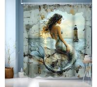 JINGYOU Mermaid Shower Curtain,Nautical Bath Curtain Washable Polyester Fabric Retro Printed Bathroom Curtains with 12 Hooks for Bathroom/Wet Room/Kids Shower Stall,180 x 200 cm