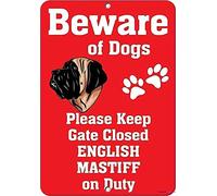JINKAIRUI Novelty Warning Metal Tin Sign English Mastiff Dog Beware of Fun Sign Outdoor Security Farm Yard Warning Decoratives Metal Aluminum Sign 8 X 12 INCH
