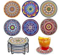 Jinlaili 6-Piece Drink Coasters Set, Absorbent Ceramic Coasters with Holder, Mandala Design, Non-Slip Cork Back for Home, Restaurant, Office