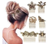 Jinlaili Vintage Hair Comb Set - 6pcs Gold Retro Flower Pearl Rhinestone Metal Hair Comb Clips for Women & All Ages