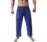 JINLIY Men Fishnet Pants See Through Hollow Out Trousers Drawstring Mesh Muscle Long Bottoms Sheer Pajama Lounge Pants, Dark Blue, Small