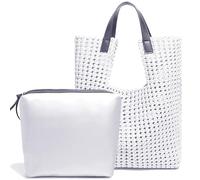 JINMANXUE Leather Satin Woven Tote Bag for Women Hollow Out Handbag 2 Pcs Set Female Shoulder Bag Shopper Bag Fashion Clutch, Ivory White