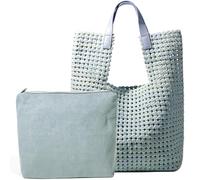 JINMANXUE Leather Satin Woven Tote Bag for Women Hollow Out Handbag 2 Pcs Set Female Shoulder Bag Shopper Bag Fashion Clutch, Denim Light Blue