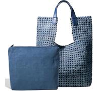 JINMANXUE Leather Satin Woven Tote Bag for Women Hollow Out Handbag 2 Pcs Set Female Shoulder Bag Shopper Bag Fashion Clutch, Denim Blue