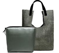 JINMANXUE Leather Satin Woven Tote Bag for Women Hollow Out Handbag 2 Pcs Set Female Shoulder Bag Shopper Bag Fashion Clutch, Olive Green