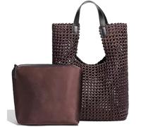 JINMANXUE Leather Satin Woven Tote Bag for Women Hollow Out Handbag 2 Pcs Set Female Shoulder Bag Shopper Bag Fashion Clutch, Mocha Coffee