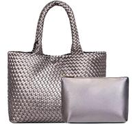 JINMANXUE Neoprene Woven Tote Bag For Women Large Capacity Handbag Patchwork Handmade Casual Shoulder Bags, Silvery Grey, One Size