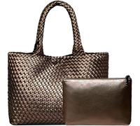 JINMANXUE Neoprene Woven Tote Bag For Women Large Capacity Handbag Patchwork Handmade Casual Shoulder Bags, Bronze, One Size
