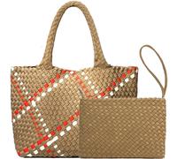 JINMANXUE Neoprene Woven Tote Bag For Women Large Capacity Handbag Patchwork Handmade Casual Shoulder Bags, Khaki&red, One Size