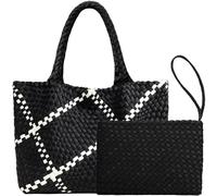 JINMANXUE Neoprene Woven Tote Bag For Women Large Capacity Handbag Patchwork Handmade Casual Shoulder Bags, Black&white, One Size