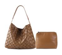 JINMANXUE Women Boston Bag Woven Vegan Leather Handbags Female Satchel Messenger Bag Fashion Shoulder Crossbody Bag Casual Hobo, B-brown
