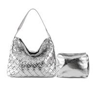 JINMANXUE Women Boston Bag Woven Vegan Leather Handbags Female Satchel Messenger Bag Fashion Shoulder Crossbody Bag Casual Hobo, Silver