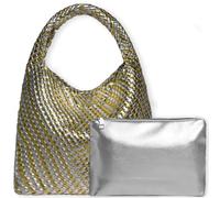 JINMANXUE Women Vegan Leather Hand-Woven Tote Handbag Fashion Shoulder Top-handle Bag All-Match Underarm Bag with Purse, Tinfoil Silver&tinfoil Gold
