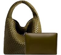 JINMANXUE Women Vegan Leather Hand-Woven Tote Handbag Fashion Shoulder Top-handle Bag All-Match Underarm Bag with Purse, Olive Green, L