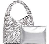 JINMANXUE Women Vegan Leather Hand-Woven Tote Handbag Fashion Shoulder Top-handle Bag All-Match Underarm Bag with Purse, Bright Silver