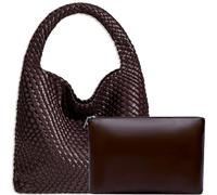 JINMANXUE Women Vegan Leather Hand-Woven Tote Handbag Fashion Shoulder Top-handle Bag All-Match Underarm Bag with Purse, Coffee