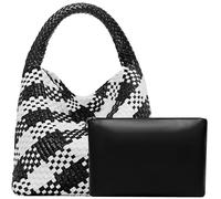 JINMANXUE Women Vegan Leather Hand-Woven Tote Handbag Fashion Shoulder Top-handle Bag All-Match Underarm Bag with Purse, Black&white