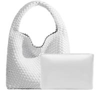 JINMANXUE Women Vegan Leather Hand-Woven Tote Handbag Fashion Shoulder Top-handle Bag All-Match Underarm Bag with Purse, Pure White