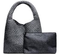JINMANXUE Women Vegan Leather Hand-Woven Tote Handbag Fashion Shoulder Top-handle Bag All-Match Underarm Bag with Purse, Denim Black