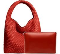 JINMANXUE Women Vegan Leather Hand-Woven Tote Handbag Fashion Shoulder Top-handle Bag All-Match Underarm Bag with Purse, Red