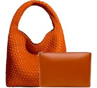 JINMANXUE Women Vegan Leather Hand-Woven Tote Handbag Fashion Shoulder Top-handle Bag All-Match Underarm Bag with Purse, Orange