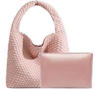 JINMANXUE Women Vegan Leather Hand-Woven Tote Handbag Fashion Shoulder Top-handle Bag All-Match Underarm Bag with Purse, Pink, L