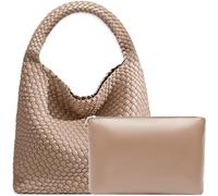 JINMANXUE Women Vegan Leather Hand-Woven Tote Handbag Fashion Shoulder Top-handle Bag All-Match Underarm Bag with Purse, Apricot, L