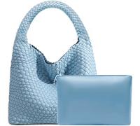 JINMANXUE Women Vegan Leather Hand-Woven Tote Handbag Fashion Shoulder Top-handle Bag All-Match Underarm Bag with Purse, Sky Blue, L
