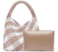 JINMANXUE Women Vegan Leather Hand-Woven Tote Handbag Fashion Shoulder Top-handle Bag All-Match Underarm Bag with Purse, Apricot&white