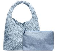 JINMANXUE Women Vegan Leather Hand-Woven Tote Handbag Fashion Shoulder Top-handle Bag All-Match Underarm Bag with Purse, Denim Light Blue