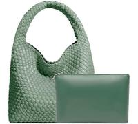 JINMANXUE Women Vegan Leather Hand-Woven Tote Handbag Fashion Shoulder Top-handle Bag All-Match Underarm Bag with Purse, Bean Green