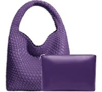 JINMANXUE Women Vegan Leather Hand-Woven Tote Handbag Fashion Shoulder Top-handle Bag All-Match Underarm Bag with Purse, Dark Purple