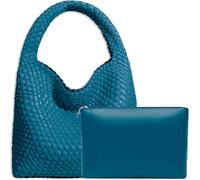 JINMANXUE Women Vegan Leather Hand-Woven Tote Handbag Fashion Shoulder Top-handle Bag All-Match Underarm Bag with Purse, Lake Blue