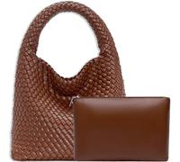 JINMANXUE Women Vegan Leather Hand-Woven Tote Handbag Fashion Shoulder Top-handle Bag All-Match Underarm Bag with Purse, Brown, L