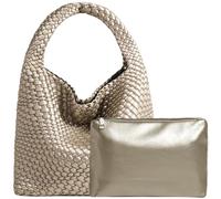 JINMANXUE Women Vegan Leather Hand-Woven Tote Handbag Fashion Shoulder Top-handle Bag All-Match Underarm Bag with Purse, Gold