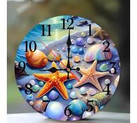Jinmer 10 Inch Wall Clock,Colorful Shells Starfish Modern Silent Non ticking Clocks, Wooden Frameless Round Easy to Read wall clock for Kitchen/Living Room/Bedroom/Bathroom