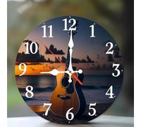 Jinmer 10 Inch Wall Clock,Landscape Beach Guitar Modern Silent Non ticking Clocks, Wooden Frameless Round Easy to Read wall clock for Kitchen/Living Room/Bedroom/Bathroom